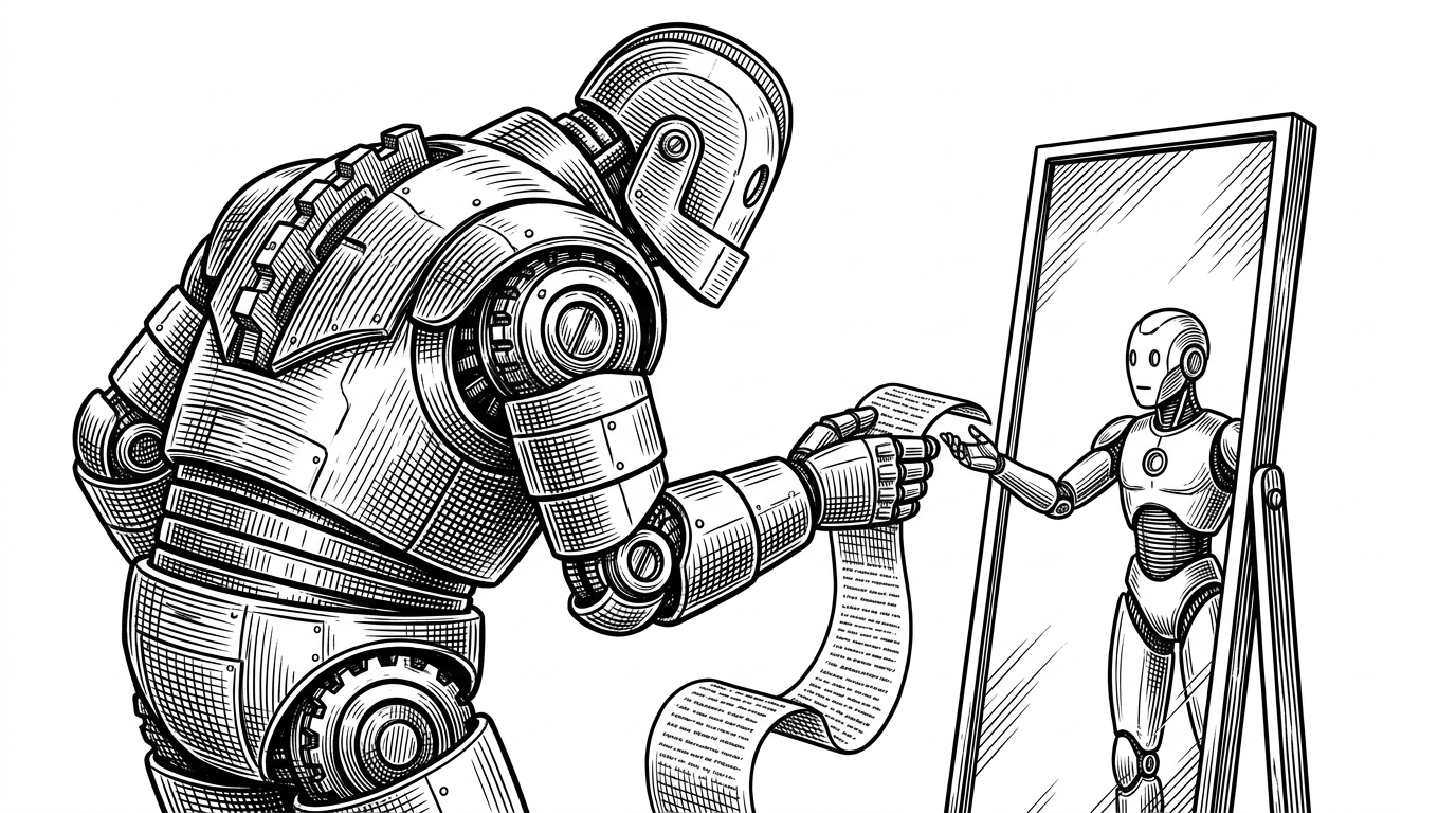A giant mechanical figure looking into a mirror, where its reflection is a smaller, identical figure reaching out to take a scroll of text. This represents the 1.7B model distilling its steered persona into an 800M model.