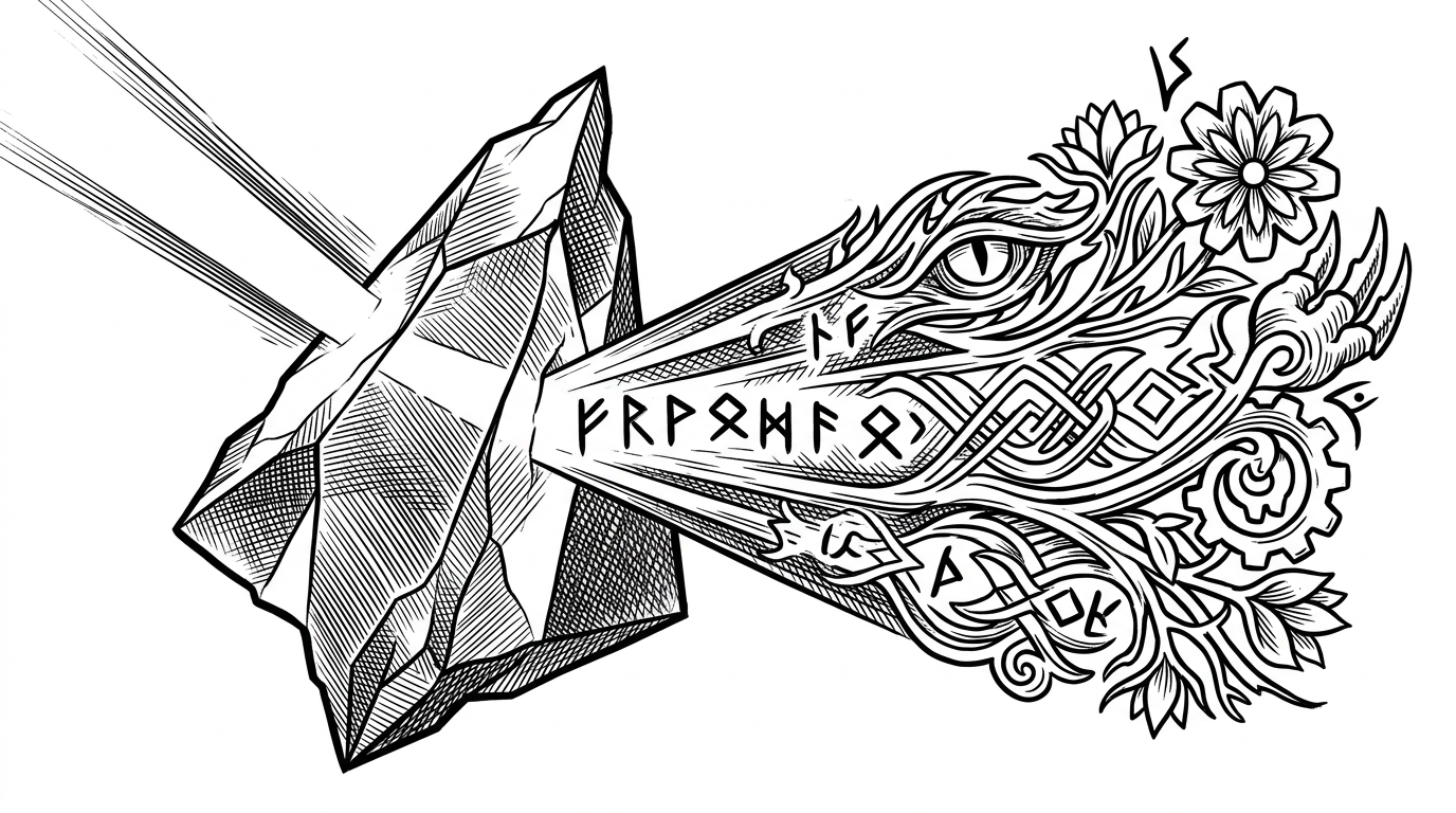 A beam of white light passes through a crystal prism labeled Fae Vector, splitting into a spectrum of glowing runes and floral patterns. This illustrates the concept of separating a specific persona from a base language model.