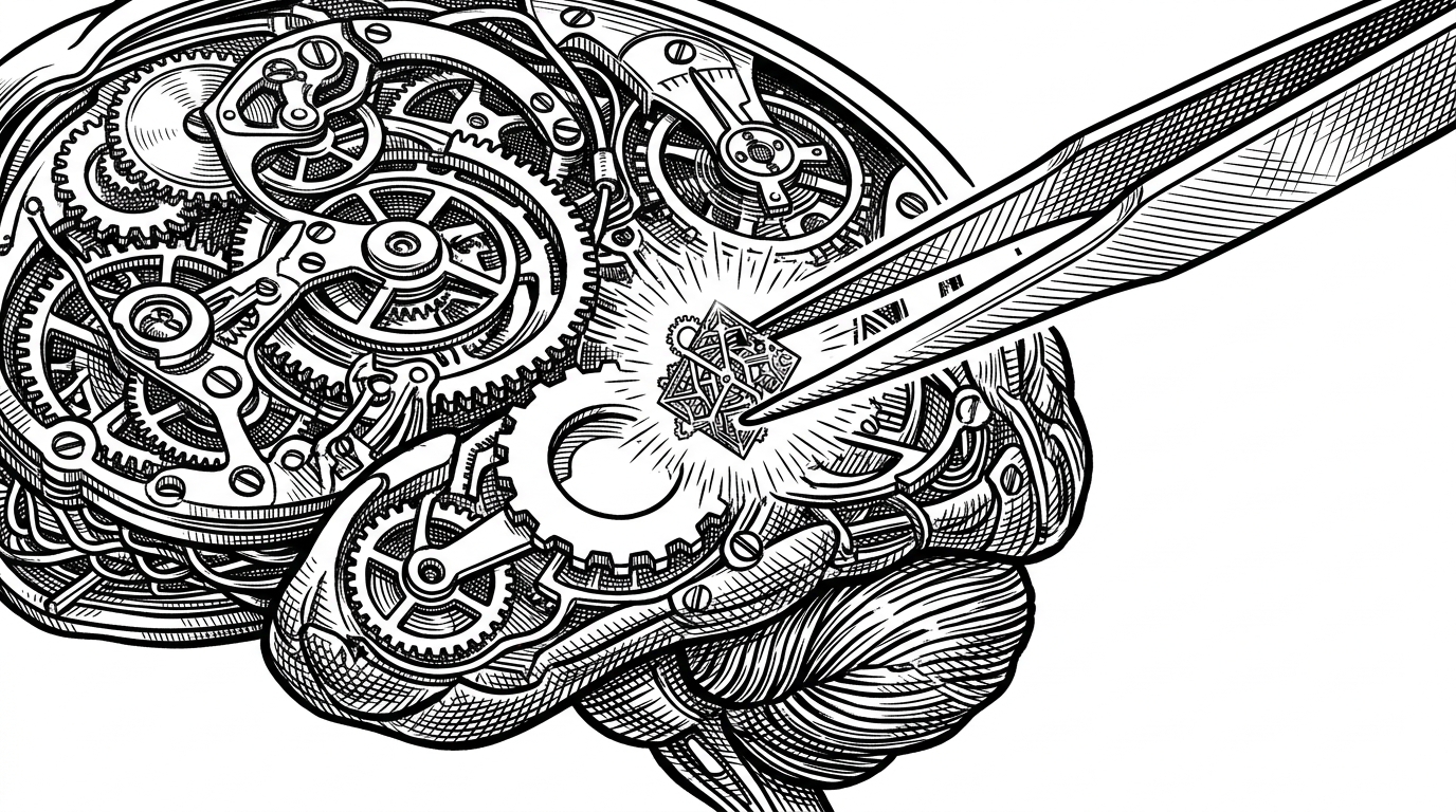 A pair of clockmaker's tweezers holding a tiny glowing spark and placing it into a specific slot within a massive clockwork brain, representing the surgical injection of the steering vector.