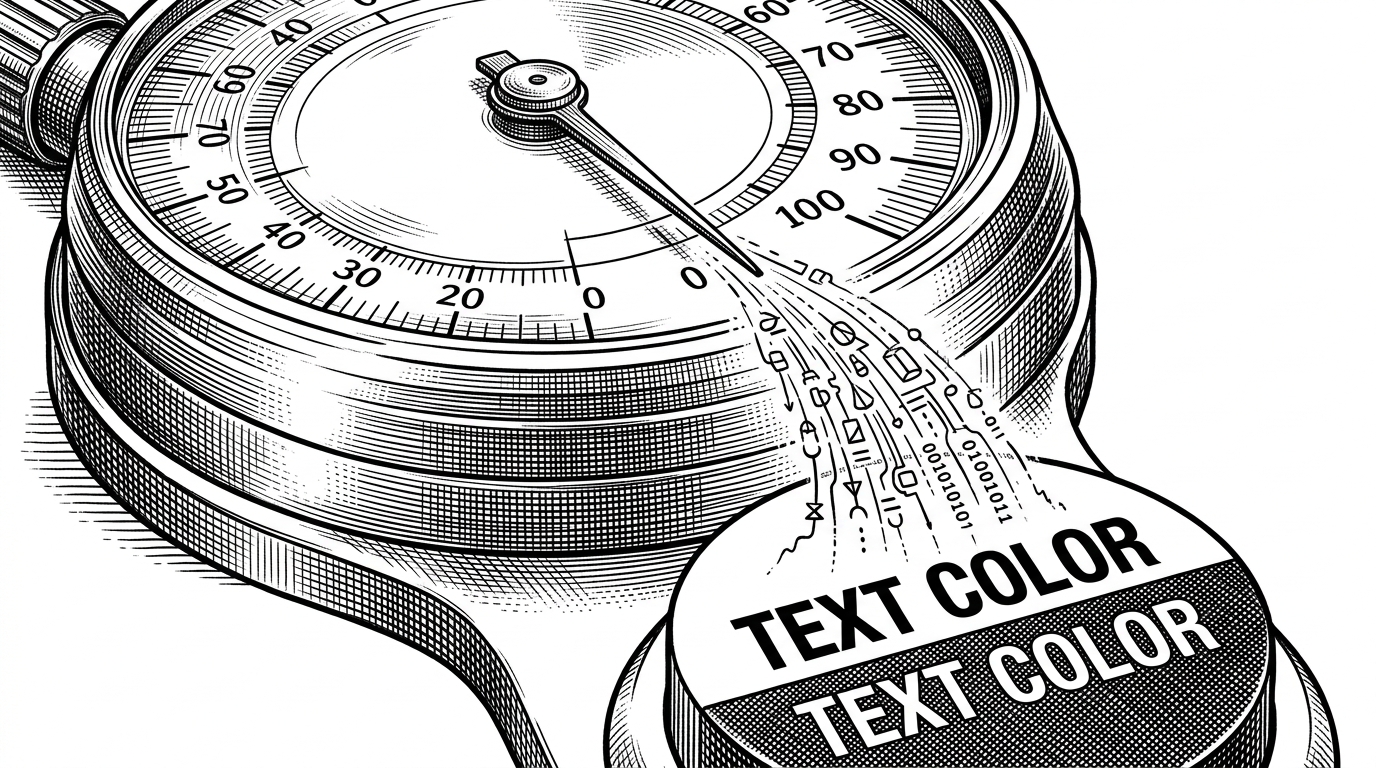 A close-up laboratory scene where a calibration dial marked with lightness values feeds into a button surface. One side of the button is dark, the other light, and a threshold line determines when the text flips for readability. The image explains how ZUI uses color math to make accessible text color decisions without extra JavaScript.
