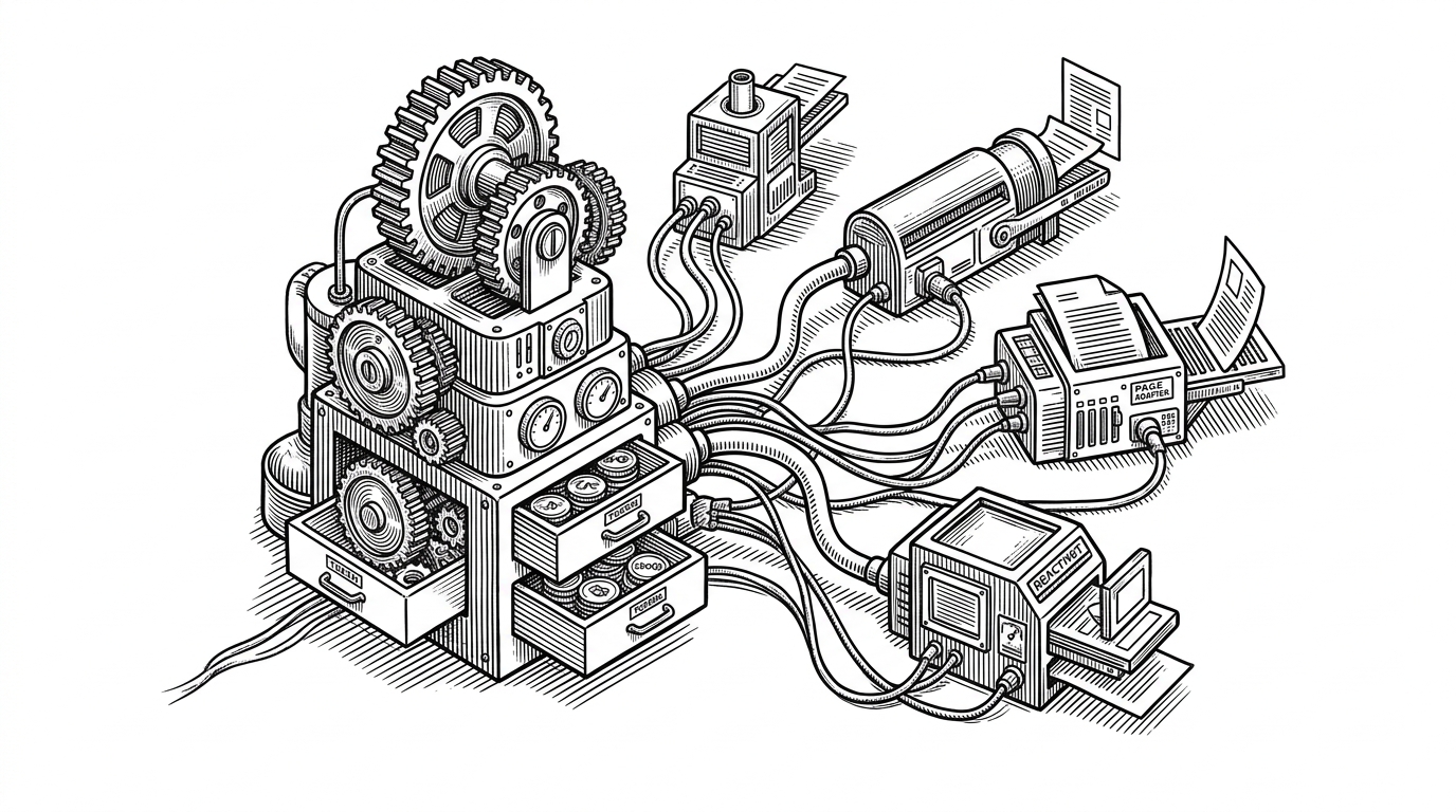 A large workbench where a single core mechanism sends power into several different machines at once. The central engine represents shared CSS tokens and layers, while the surrounding machines suggest framework wrappers that all receive the same source of truth. The image explains how ZUI tries to make the browser the runtime and frameworks the adapters.