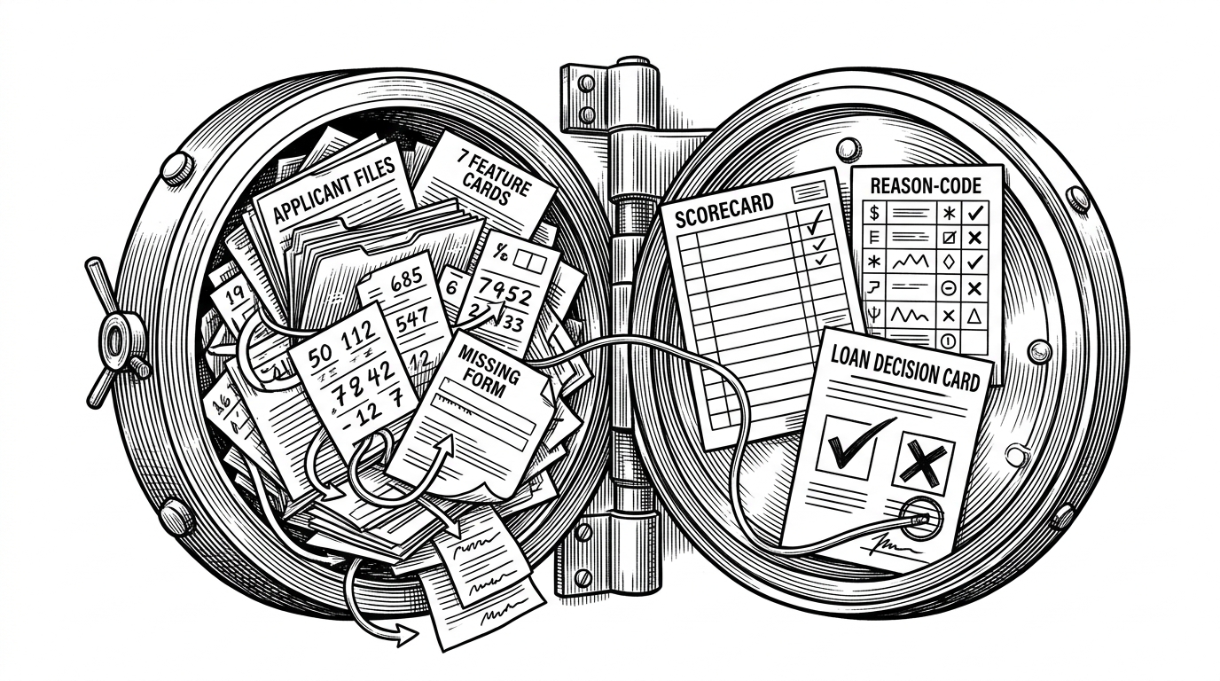 A vault-like notebook workflow opens into a clean decision path. Messy loan files and scattered feature cards sit on one side, while a scorecard and reason-code panel emerge on the other. The scene explains that the project is less about prediction alone and more about turning raw borrower data into a loan decision that can be defended.
