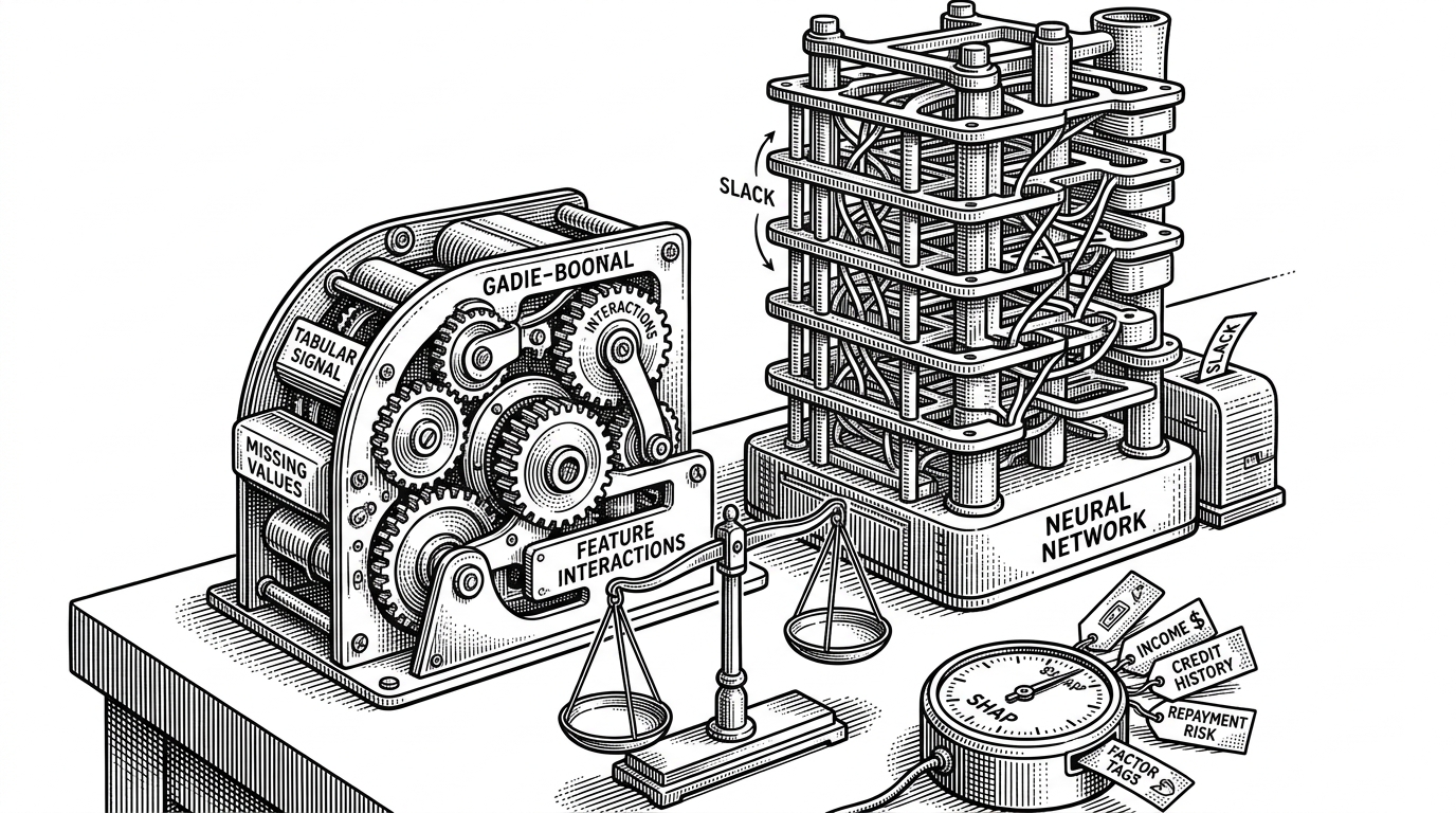Two competing model engines sit on a workbench. One is a compact gradient-boosting machine with gears labeled for tabular signal and feature interactions, while a neural network with many layers sits beside it. A scale in the foreground tips toward the booster, and a small SHAP dial converts the winning model’s output into borrower factors such as income, credit history, and repayment risk. The image explains why the repo is really about choosing the right tabular model before explaining its output.
