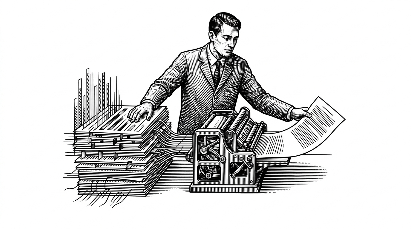 A mechanical translation desk sits between raw machine signals and a printed paragraph. On one side are stacked attribution bars, token highlights, and threaded model traces. On the other side, a human-readable explanation emerges from a compact press, showing the project's central idea of turning technical signals into prose.