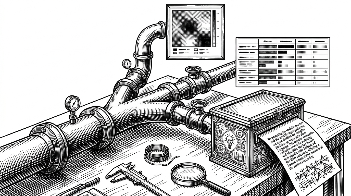 A close-up of a forked pipeline on a workbench. One branch routes to a heatmap, another to a table of feature attributions, and a third passes through a small engraved LLM explainer box that outputs a paragraph on paper. The scene explains the contrast between raw interpretability artifacts and a natural-language explanation layer.