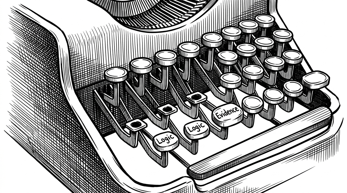 A close-up of a mechanical typewriter where the keys for Praise and Apology have been physically removed and replaced with Logic and Evidence.