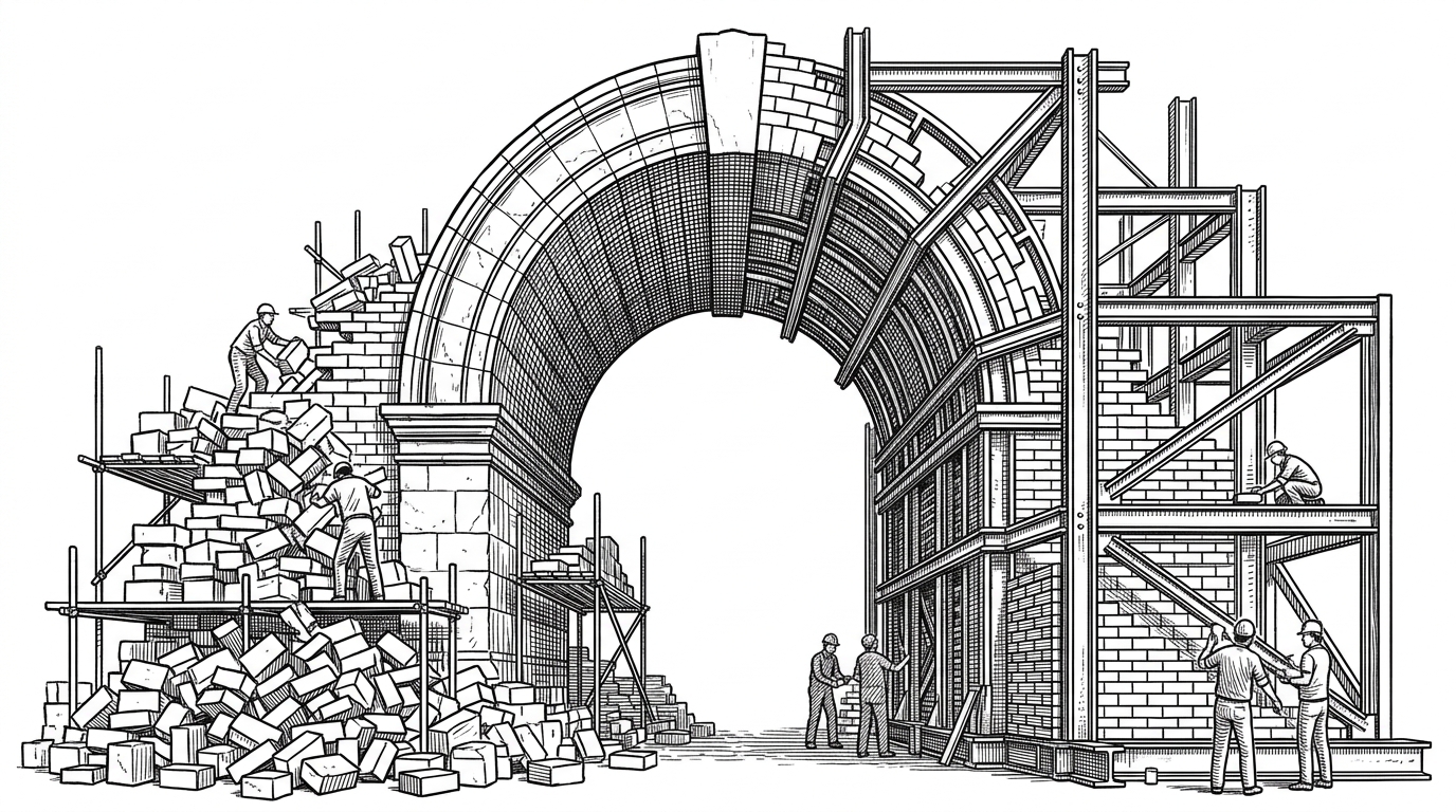 A wide shot of a massive intricate stone archway being constructed. On one side is a chaotic pile of loose bricks, representing raw LLM output. On the other, bricks are being slotted into a precise steel exoskeleton, representing the structured skills.