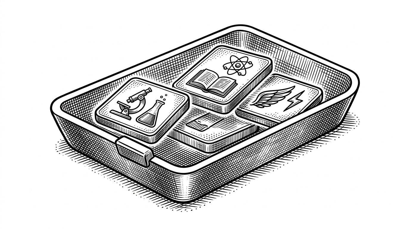 A medium shot of a modern everyday carry tray holding glowing modular chips labeled with symbols for testing, research, and brevity instead of a wallet and keys.