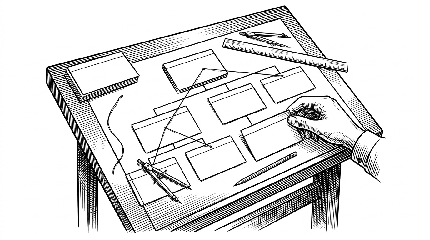 A drafting desk where a dataset is assembled like a blueprint. Blank cards and thin dependency lines form a branching structure, while a hand places the next piece only after the earlier pieces are aligned. It explains that synthetic data here is not a flat prompt loop, but a coordinated graph of fields.