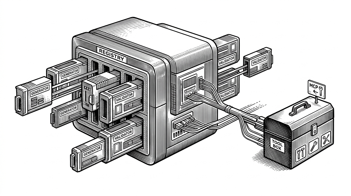 A central registry of interchangeable modules with several plug-in branches entering from the sides. One branch reaches outward to an external tool box, showing how tool calls can be added without changing the core. It explains extensibility and agent-friendly integration.