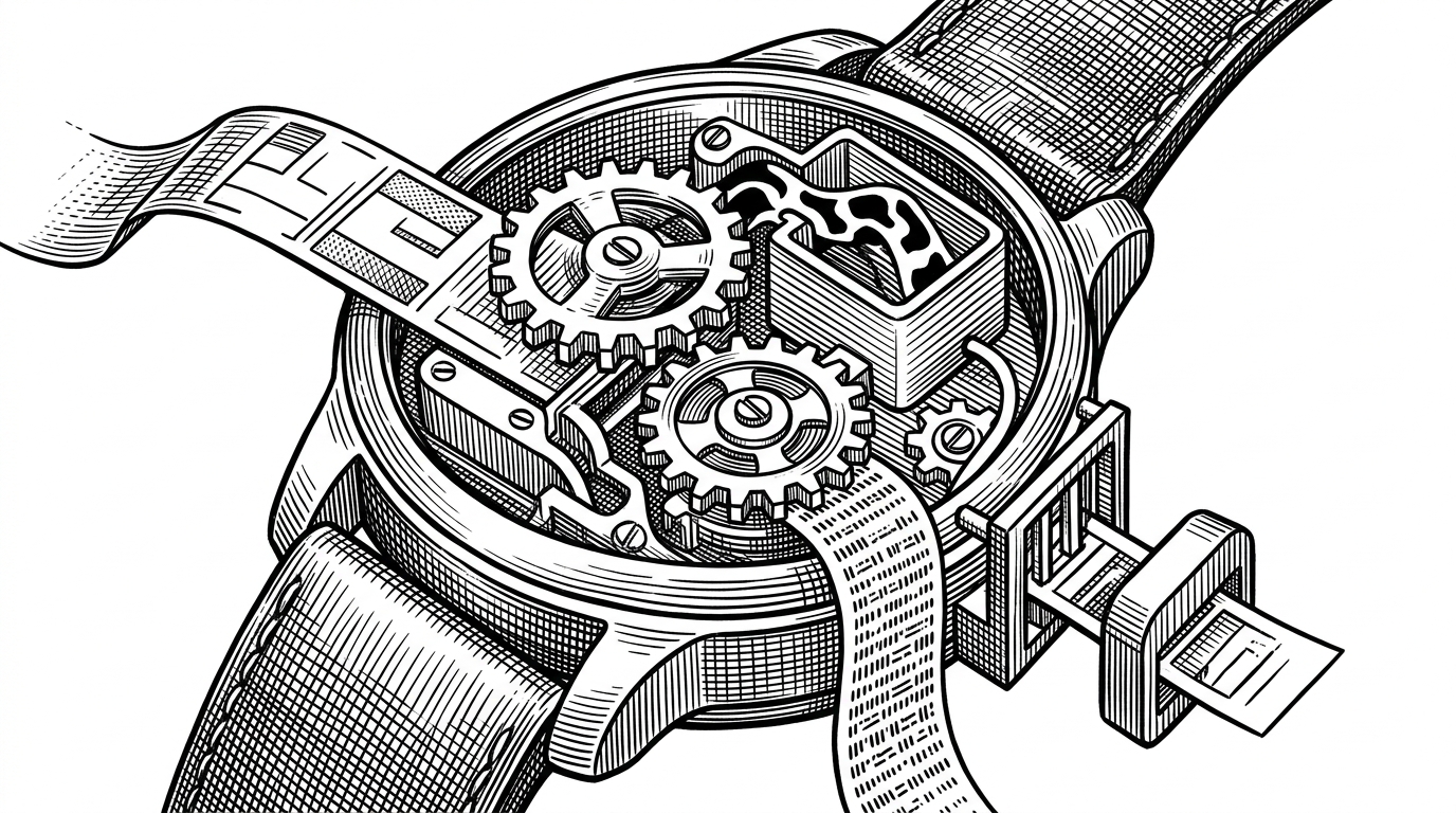 A tight mechanical close-up of a template strip feeding into a watch-like scheduler. Small gears move the work into separate chambers for sampling, text generation, and validation. It explains the compile step, where configuration becomes ordered execution.