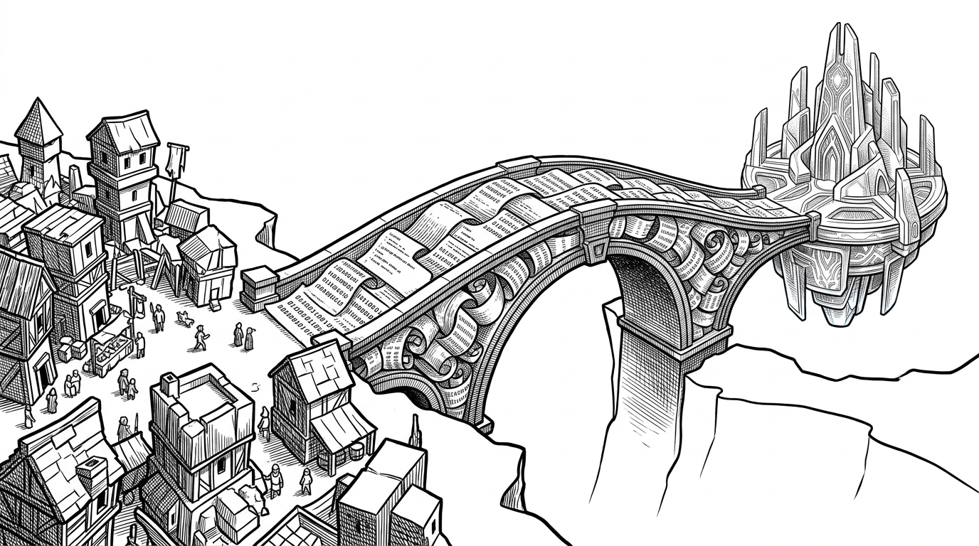 A massive, ornate stone bridge connecting a chaotic, low-poly medieval village to a floating, glowing, hyper-realistic citadel. The bridge is constructed of perfectly interlocking C-header scrolls, representing the API contract between game engines and the neural network.