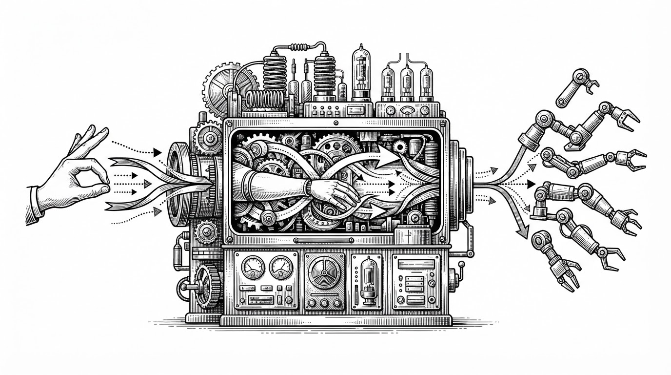 A wide editorial scene shows a central translator machine receiving three motion streams: a human hand gesture, a humanoid arm, and a small tabletop robot arm. Each stream enters as dotted arrows and exits as one shared motion vector that branches into different robot limbs. The image explains GR00T’s core idea: motion intent can stay shared while bodies change.