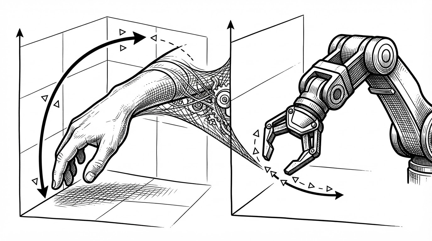 A close-up editorial scene overlays a human wrist on the left and a robot end effector on the right. Between them, a thin conversion layer preserves the same relative delta motion while the body shape changes. The image explains how GR00T keeps intent stable while translating it into different kinematic spaces.