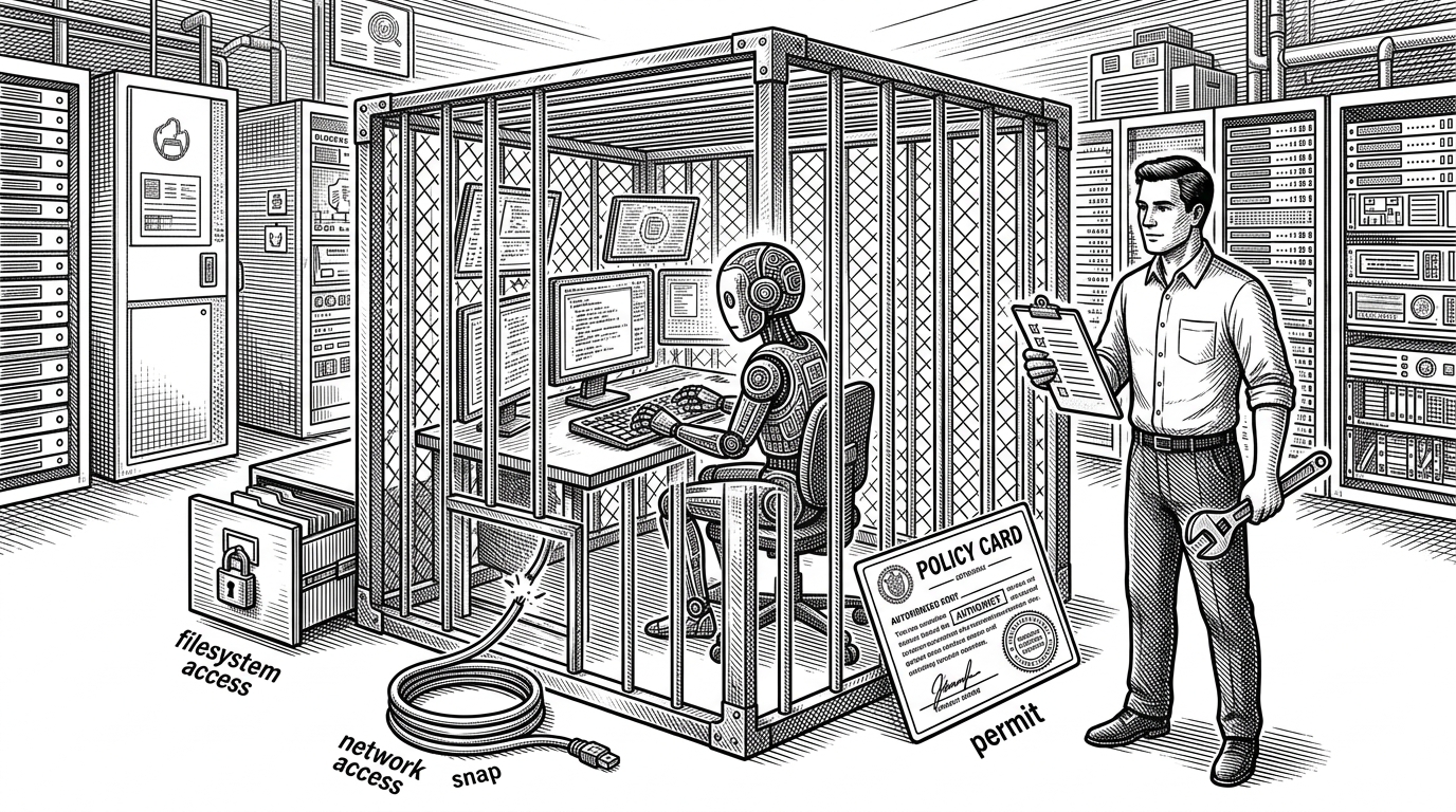 A wide scene shows a small autonomous agent working inside a locked transparent cage while a human operator stands outside with a checklist and a cleanup wrench. The image explains NemoClaw's core idea: the agent is not trusted, so the runtime is built to contain failure before it reaches the host.