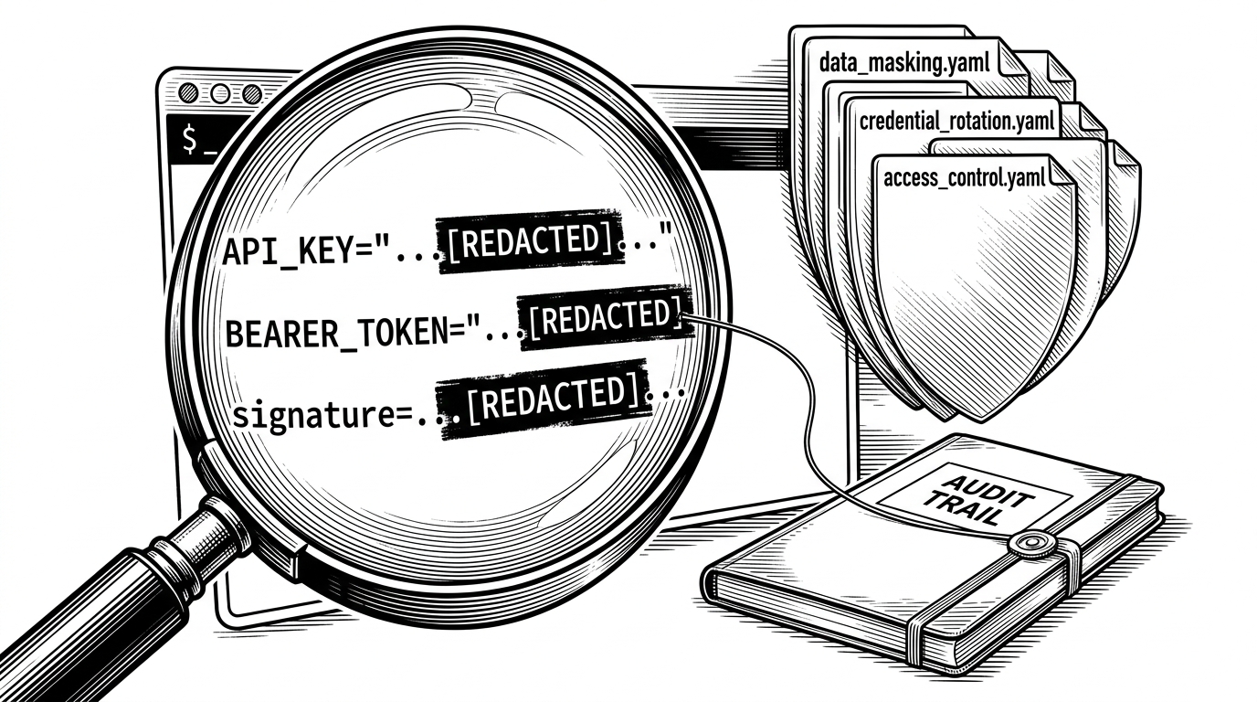A close-up shows a terminal window under a magnifying glass while API keys, bearer tokens, and query signatures are blacked out with heavy ink stamps. Behind it, stacked YAML policy cards act like shields, which explains how NemoClaw tries to hide secrets and enforce rules at the same time.