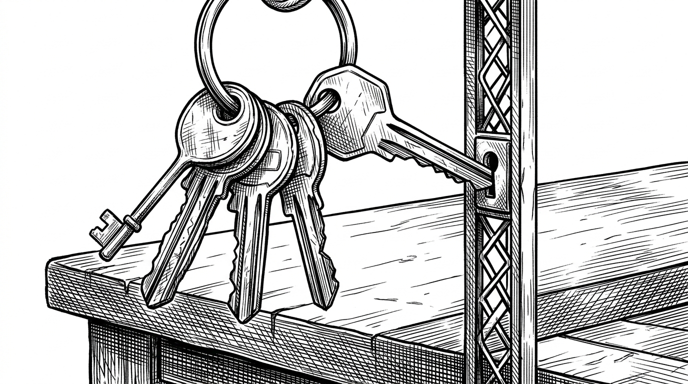 A close-up editorial illustration shows a steel key ring above a workbench, with several keys shaped differently for different executables. Only one key fits a small lock leading to a network gate, while the rest are filed down and useless. It explains how OpenShell ties permissions to specific binaries instead of handing out broad access.