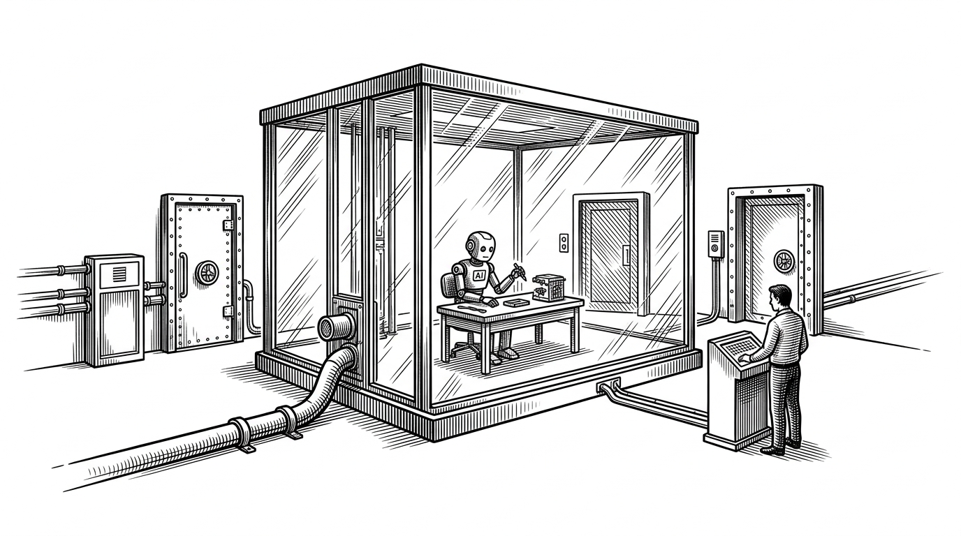 A wide editorial scene shows a small autonomous agent working inside a sealed glass vault while a developer watches from outside. Only one route leads out of the vault to a single allowed destination, while the rest of the surrounding doors stay shut. It explains the article's core idea: OpenShell treats the agent like an untrusted workload and limits what it can touch.