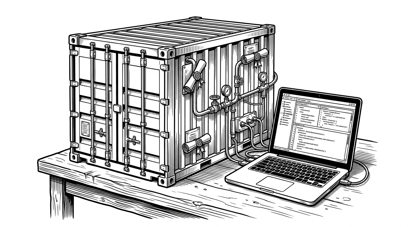 A compact Kubernetes cluster sits inside a metal shipping container on a workbench beside a laptop. Pipes, certificates, and small control lights connect the container to the laptop, showing that heavyweight orchestration has been packaged into a local, portable runtime.