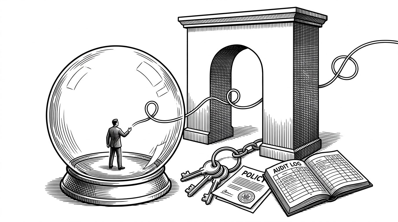 A tiny agent sits inside a transparent shell while a larger gateway stands outside with a keyring, a policy stamp, and an audit ledger. A network request bends toward the gateway instead of reaching outward directly, illustrating that the runtime controls access while the agent only proposes actions.