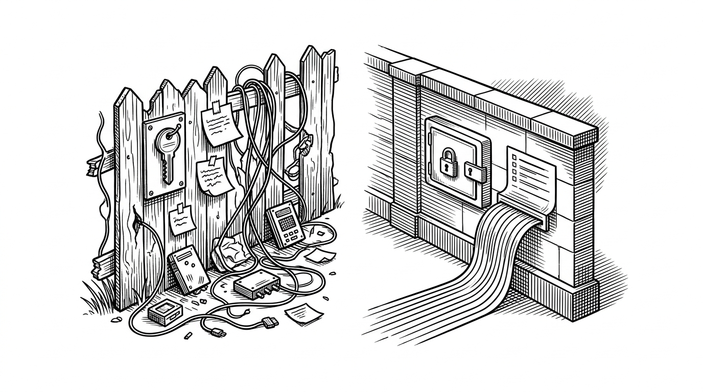 The left side shows a messy container with a mounted key, sticky notes, and wires leaking through the wall. The right side shows a clean policy wall, a sealed credential vault, and a tidy audit trail leading away from the runtime. The contrast makes the difference between exposed secrets and governed execution immediately visible.
