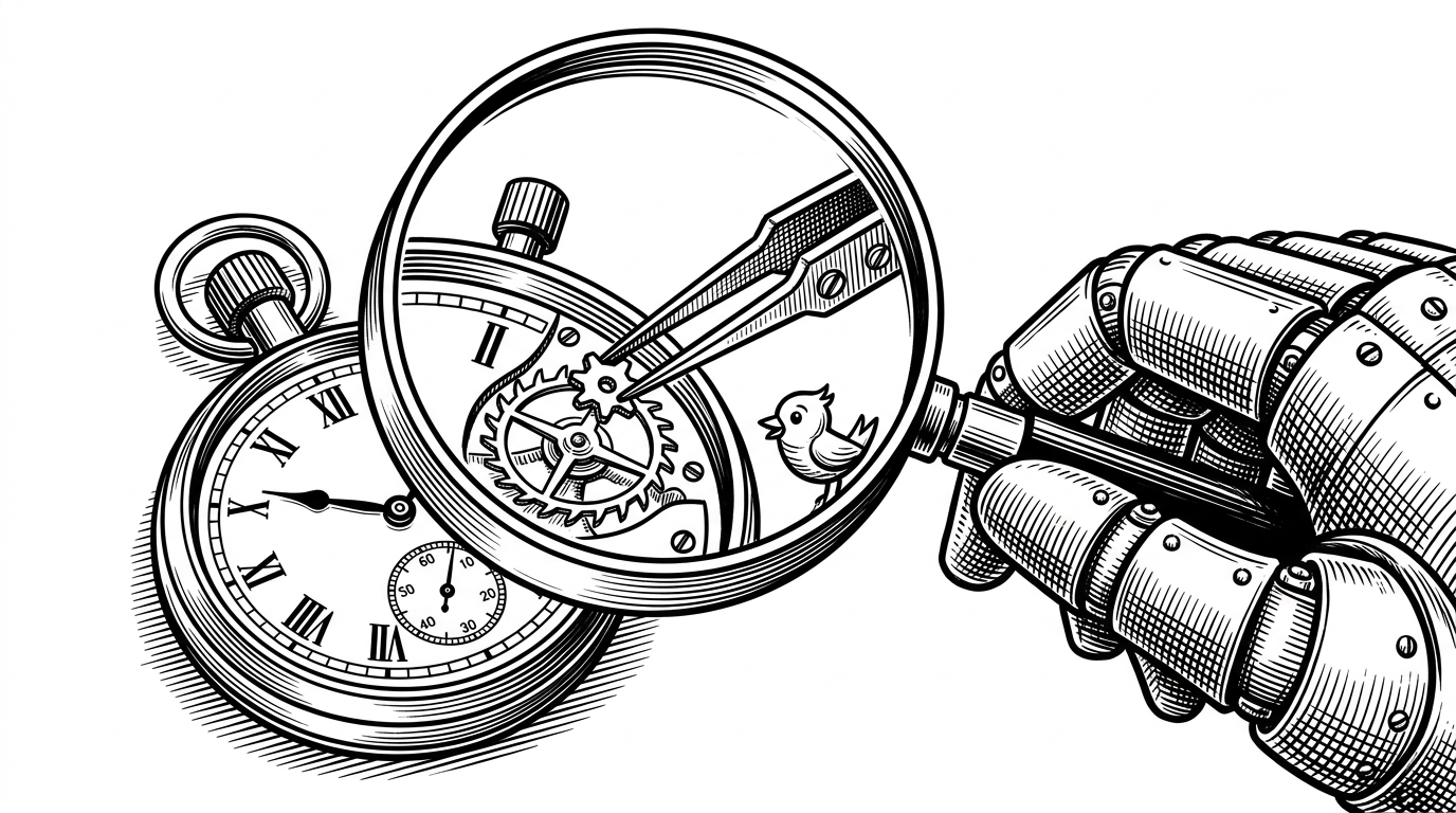 A mechanical hand holds a magnifying glass over a stopwatch while automated tweezers try to jam a foreign gear into the mechanism. This represents the framework's active surveillance against monkey-patching timing functions.