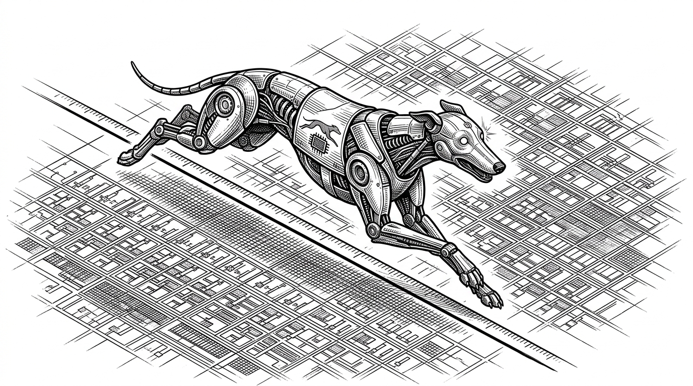 A mechanical greyhound races alongside a perfectly straight ruled line representing a beam of light across a silicon wafer grid. This illustrates the concept of benchmarking against absolute physical limits rather than relative software speeds.