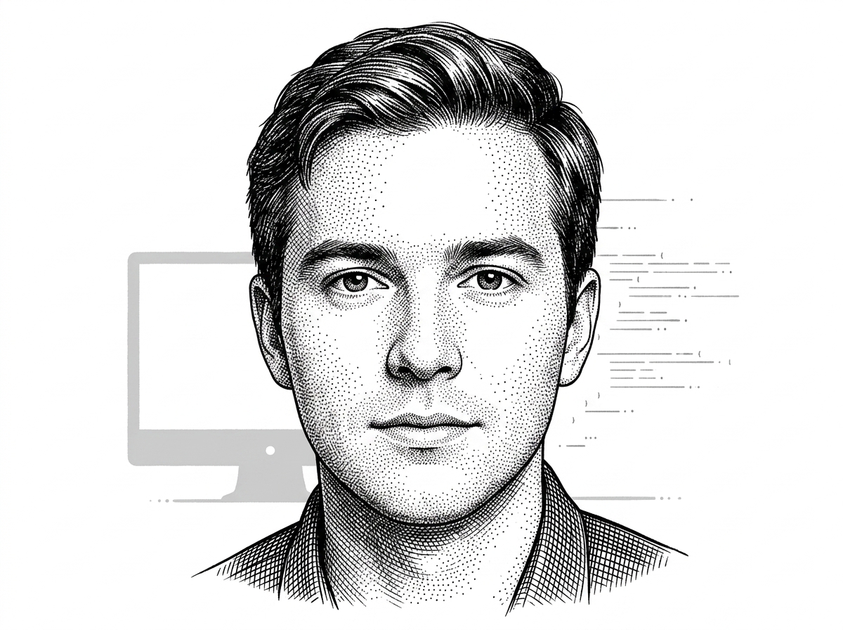 A hedcut-style portrait of keshprad in black ink on white. The face is rendered from a verified GitHub avatar and serves as a human anchor for the project’s maintainer story.