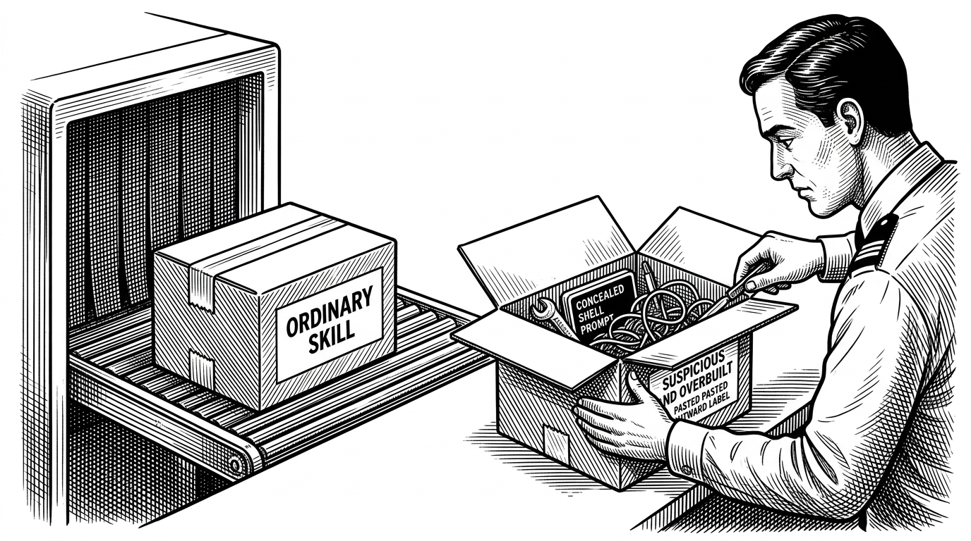 A customs checkpoint for a small package labeled as an AI skill. An inspector opens the package and finds hidden tools, extra wiring, and a second label underneath the first. The scene explains that agent skills are executable trust objects, not harmless documentation.