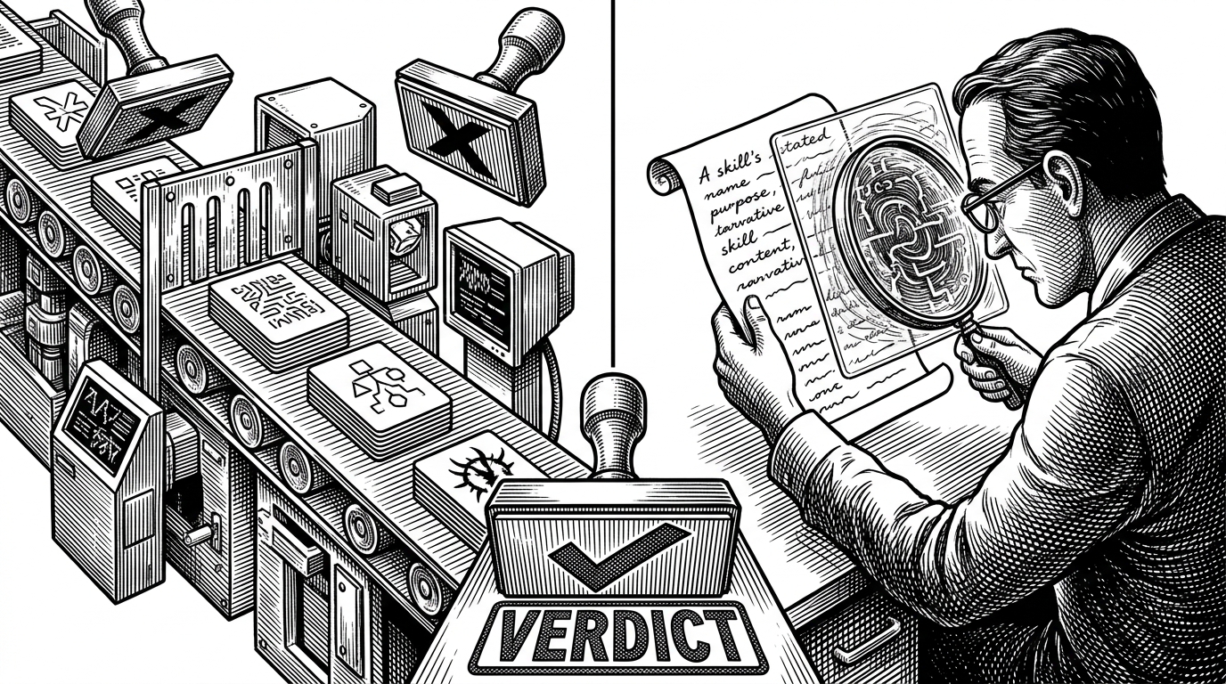 A split-lane inspection line processes the same skill through two different checks. One lane uses fast mechanical scanners for signatures, AST shapes, and known bad markers. The other lane reads the skill’s stated purpose and overlays it against the code’s actual actions before stamping a verdict. The image explains the hybrid rule-based and semantic model.