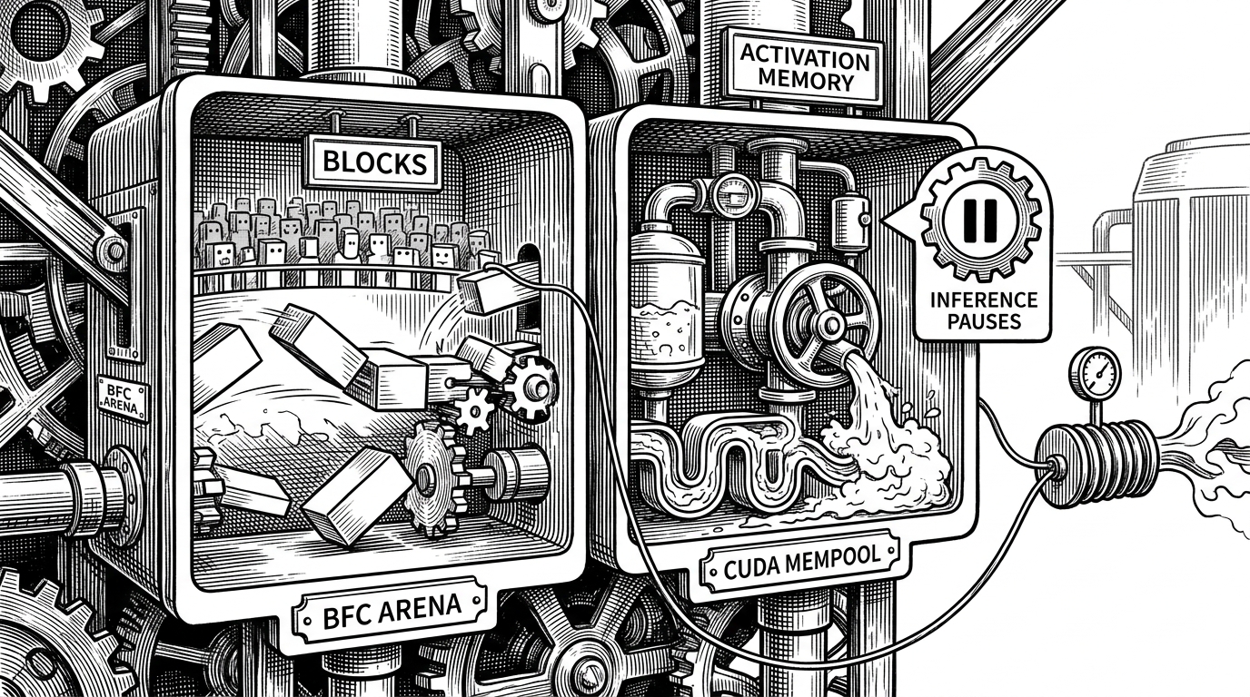 A close-up of GPU memory shown as two chambers. One chamber is a BFC arena with blocks sliding together and apart, while the other is a CUDA mempool draining unused activation memory through a valve. A small output buffer links both chambers and expands as shapes change.