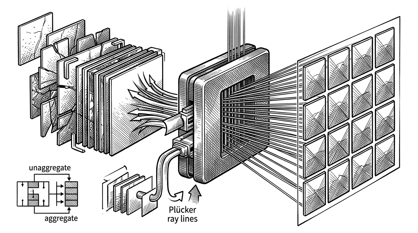 A close-up of a transformer block receiving image tokens and geometric rays at the same time. Sparse input views are packed through a masked batch on one side, while Plücker ray lines thread through the block and emerge as 16 aligned camera views on the other side. The image explains that geometry is used as a constraint, not decoration.