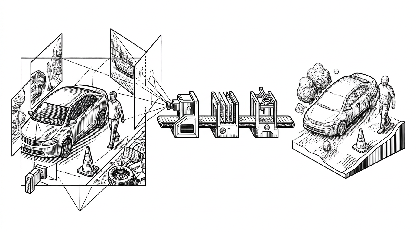 A roadside driving scene is transformed into a clean 3D asset pipeline. On one side, a sparse autonomous vehicle log shows an occluded car, a pedestrian, and scattered roadside clutter. On the other side, the same scene appears as a compact cluster of Gaussian splats ready for simulation. The image explains that the system is about converting messy capture into reusable simulation assets, not just generating pretty views.