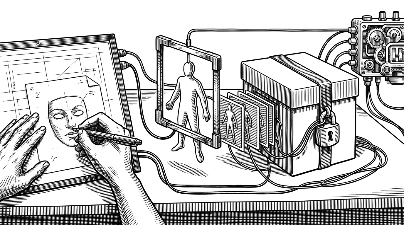 A wide editorial scene of a film editing workbench where crop handles, mask paper, and keyframe cards are treated as physical objects. It explains that the repo turns video prep into a pre-production workflow inside ComfyUI, not just a generation step.