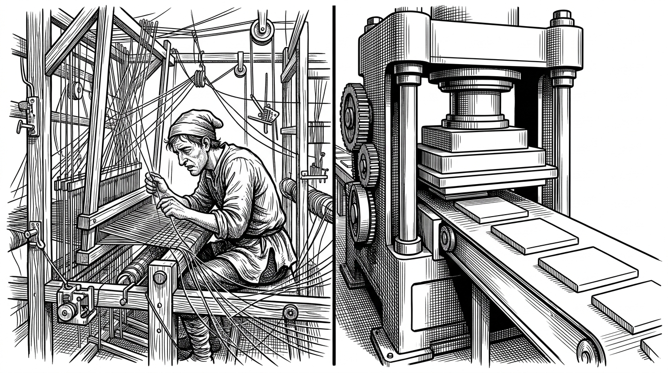 A split scene comparing a chaotic tangled loom to a pristine industrial press, representing the shift from manual SIMT thread management to block-level tile abstractions.