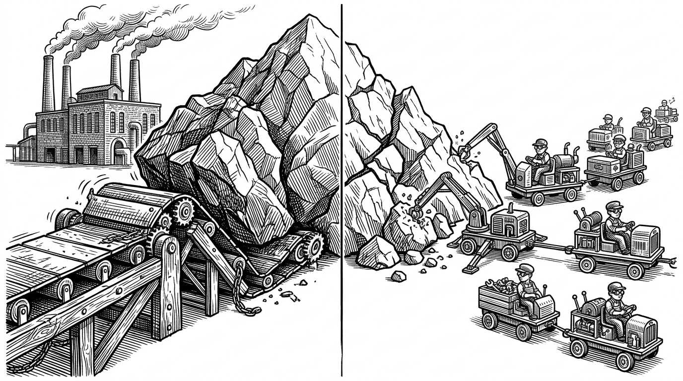 A split scene comparing moving a mountain to building factories at its base.