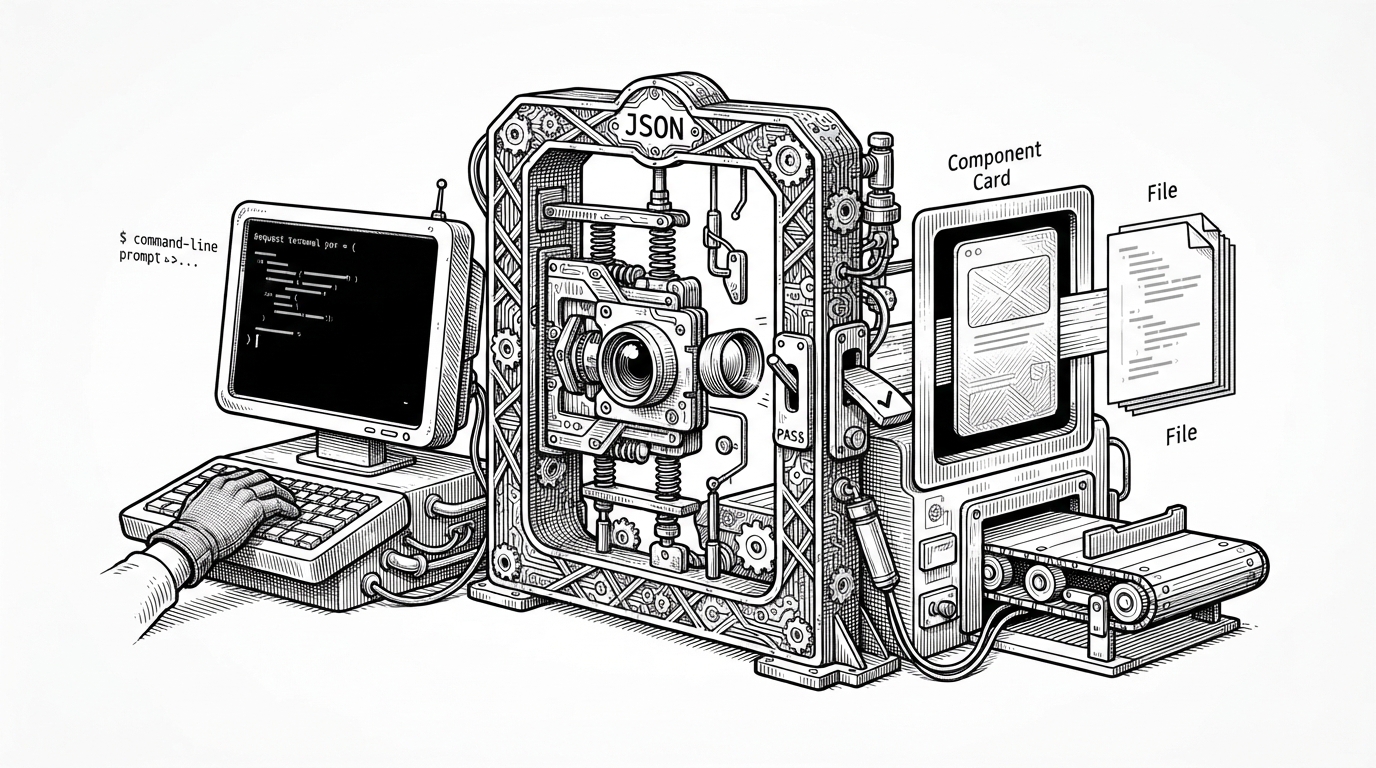 A close-up editorial illustration of a command-line prompt, a schema gate, and a generated component output aligned left to right like a mechanical assembly line. The image explains how NVIDIA Elements turns intent into validated tool execution.