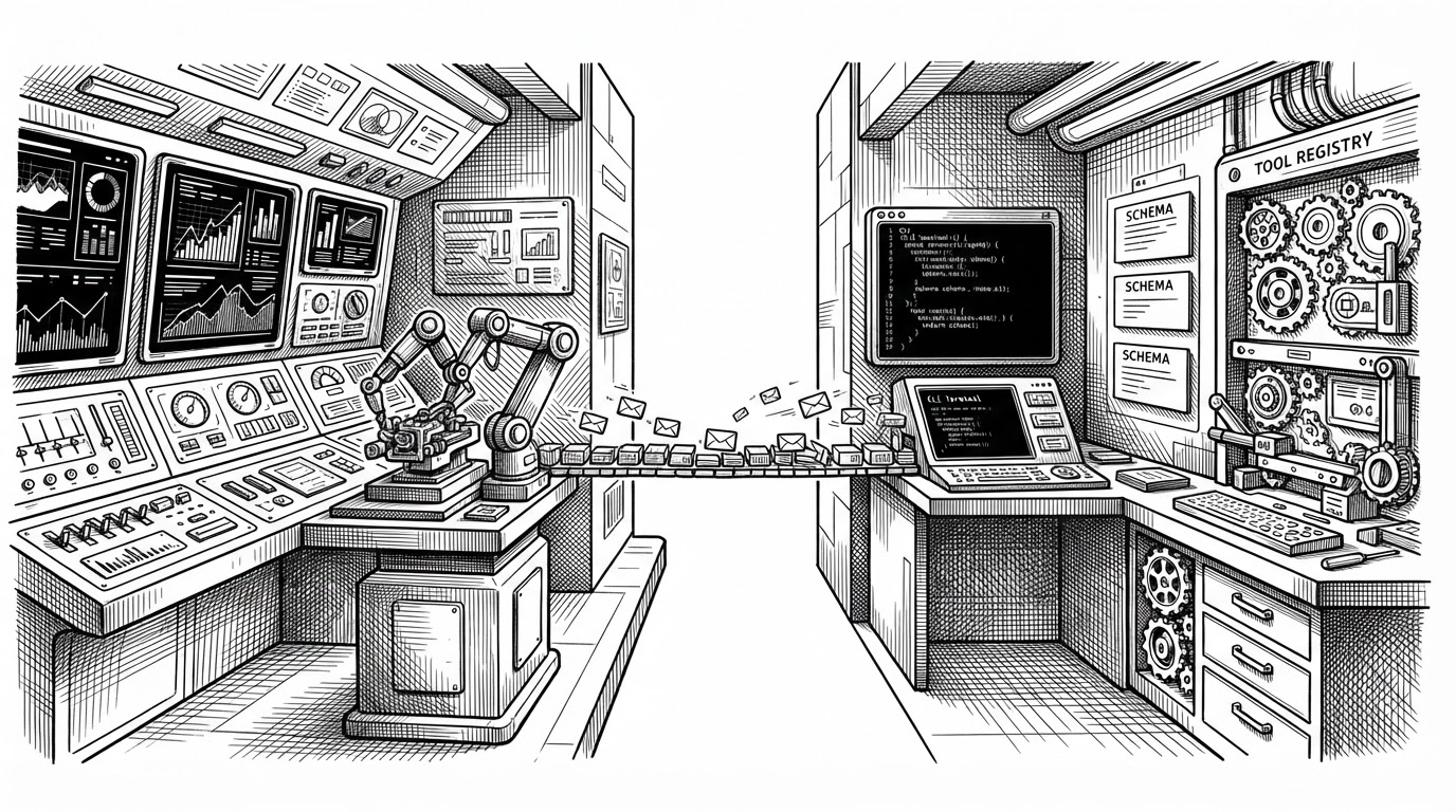 A wide black-ink illustration of an industrial control dashboard on one side and an agent workspace on the other, connected by a narrow bridge labeled by packet-like shapes. The scene explains that NVIDIA Elements serves both human operators and AI agents through the same system.