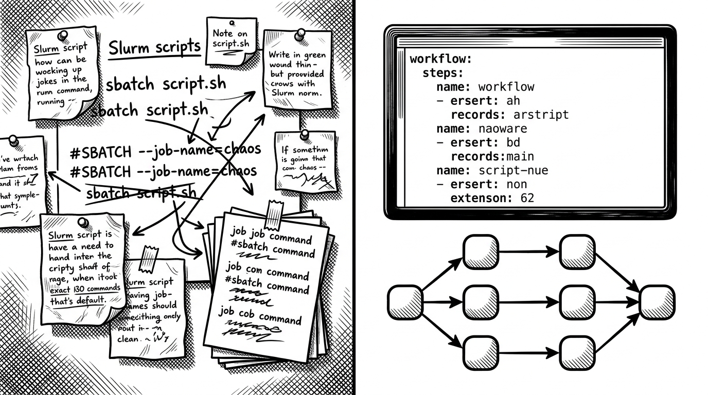 Hand-written Slurm scripts are pinned to a wall on the left, while a declarative workflow file feeds a runtime graph on the right. The image explains the shift from brittle shell stitching to compiled workflow assembly.