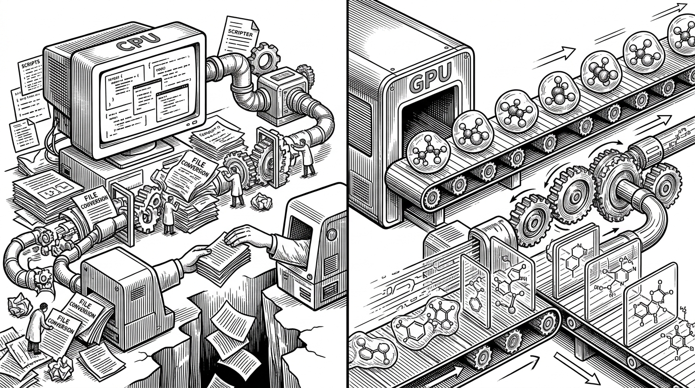A split editorial scene contrasts a messy CPU-centric workflow on the left with a coordinated GPU-native pipeline on the right. The left side shows scattered scripts, file conversions, and stalled handoffs. The right side shows wrapped models, stage composition, and a clean queue feeding active GPU slots. It explains the broader system-level trade-off the toolkit is making.