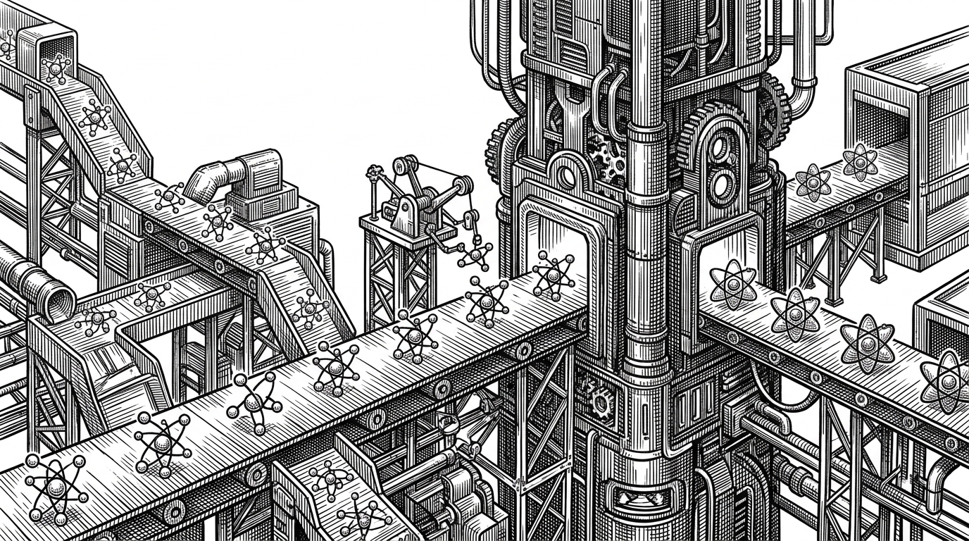 A wide editorial scene shows a foundry-like machine where graph-shaped molecular units ride conveyor belts into a glowing GPU core. A scheduler figure stands above the line, replacing finished work units with new ones so the machinery never goes idle. It explains the article’s core idea: chemistry software can be organized like a throughput system.