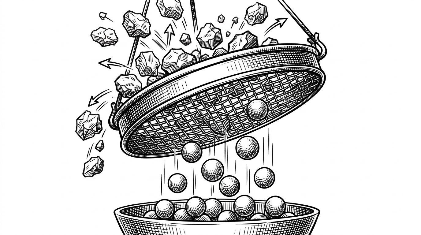 A massive industrial metal sieve suspended in mid-air. Jagged rocks representing noisy container metrics bounce off the mesh, while perfectly smooth glowing spheres representing isolated GPU metrics slip through into a pristine collection basin. This illustrates aggressive metric relabeling.