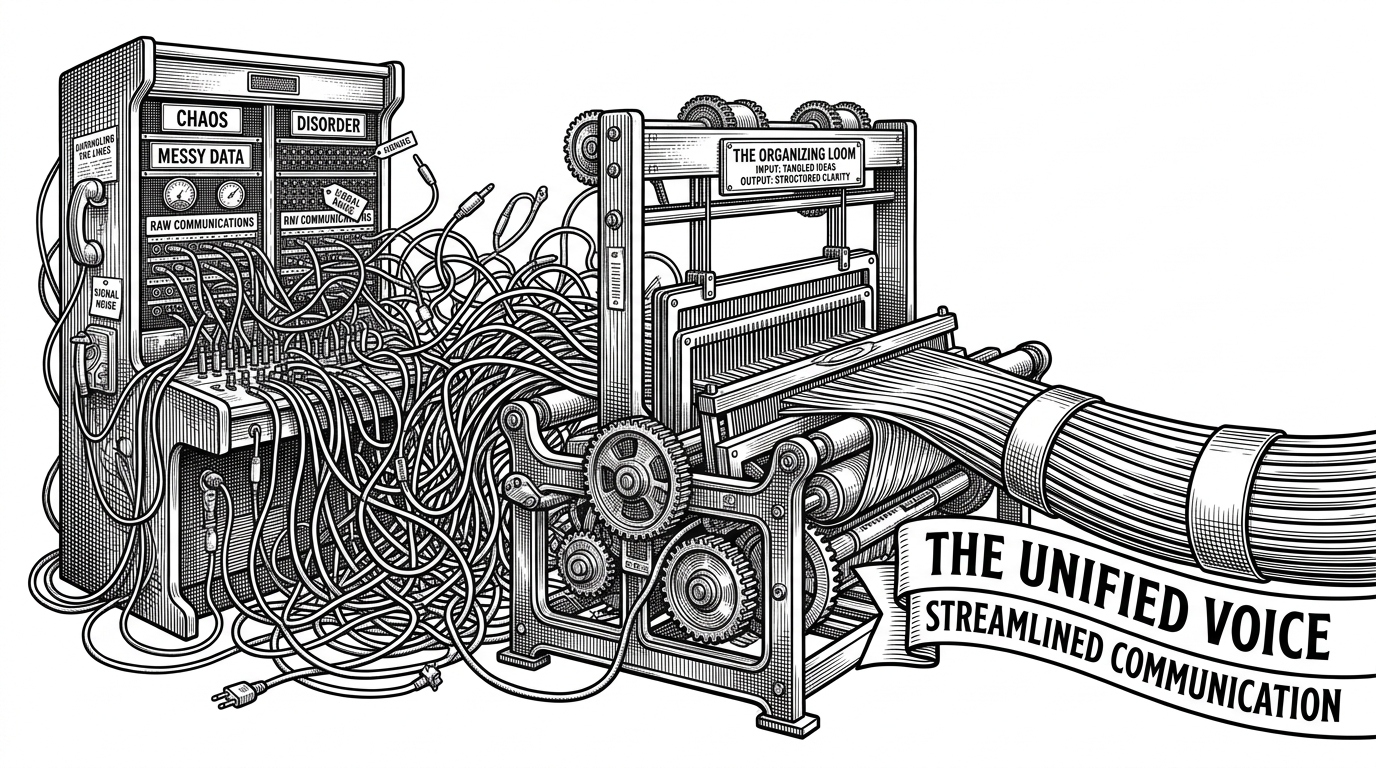 A complex vintage telephone switchboard with tangled cords feeding into a mechanical loom that outputs a single pristine cable. This represents the compilation of complex telemetry requirements into a single YAML configuration file.