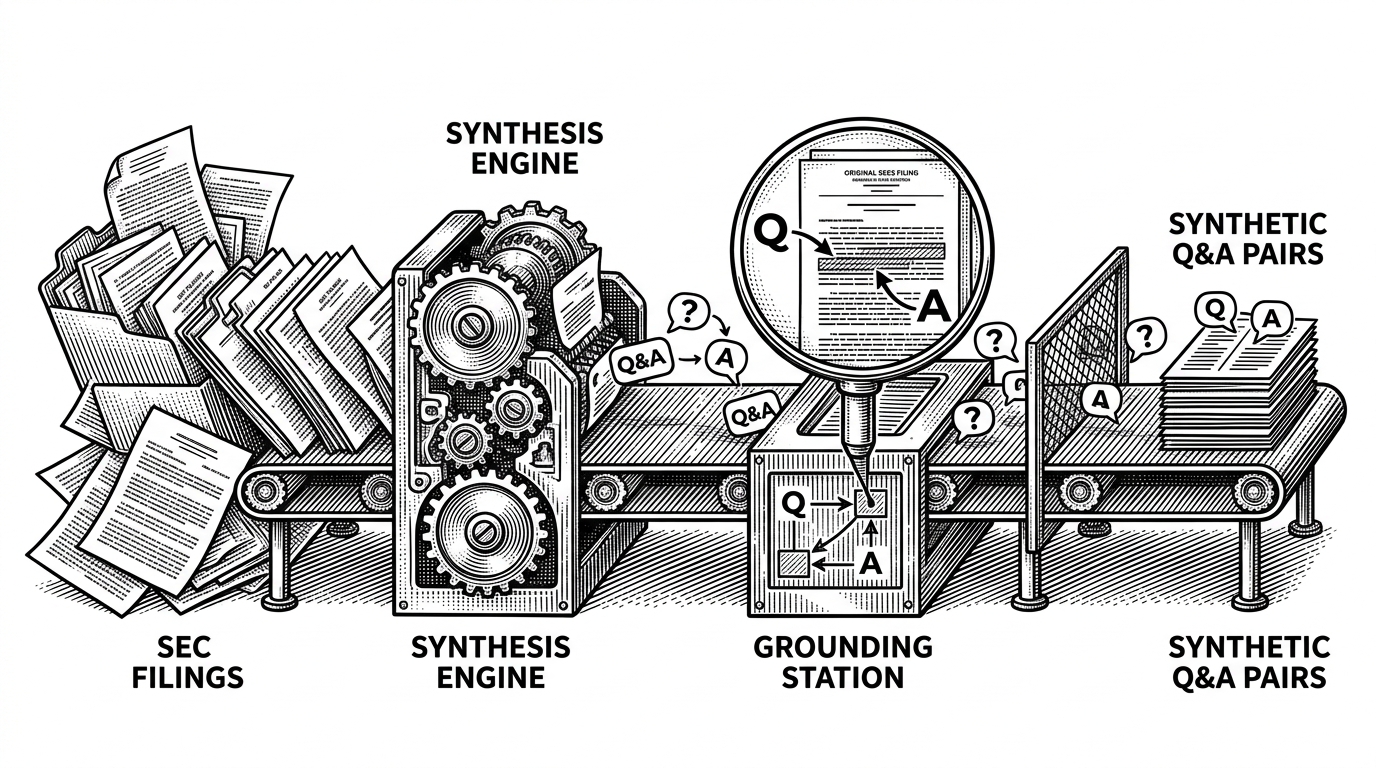 SEC filings enter a conveyor system and emerge as synthetic questions, grounded context, and filtered answers. The image explains the finance recipe as a transformation pipeline where each step makes the training data more trustworthy.