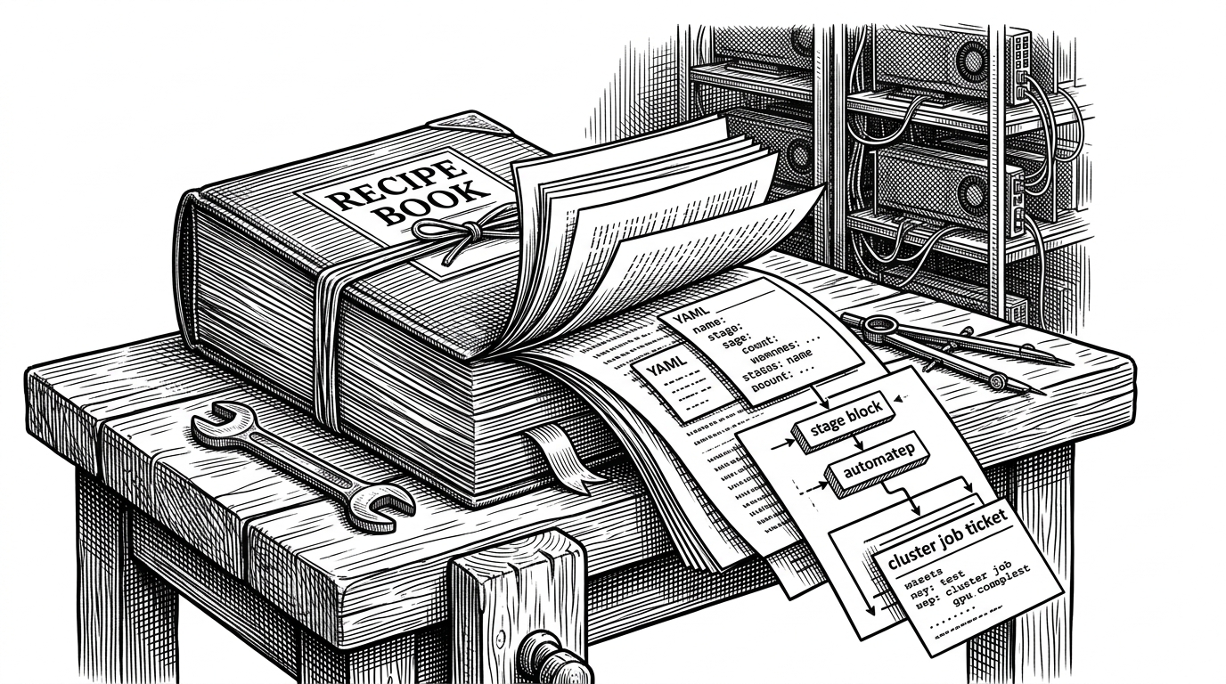 A recipe book on a workbench opens into stacked workflow cards, YAML sheets, and a cluster job ticket, while a GPU rack hums in the background. The scene explains NVFlow’s core idea: workflow logic is packaged like a reusable recipe instead of scattered across scripts.