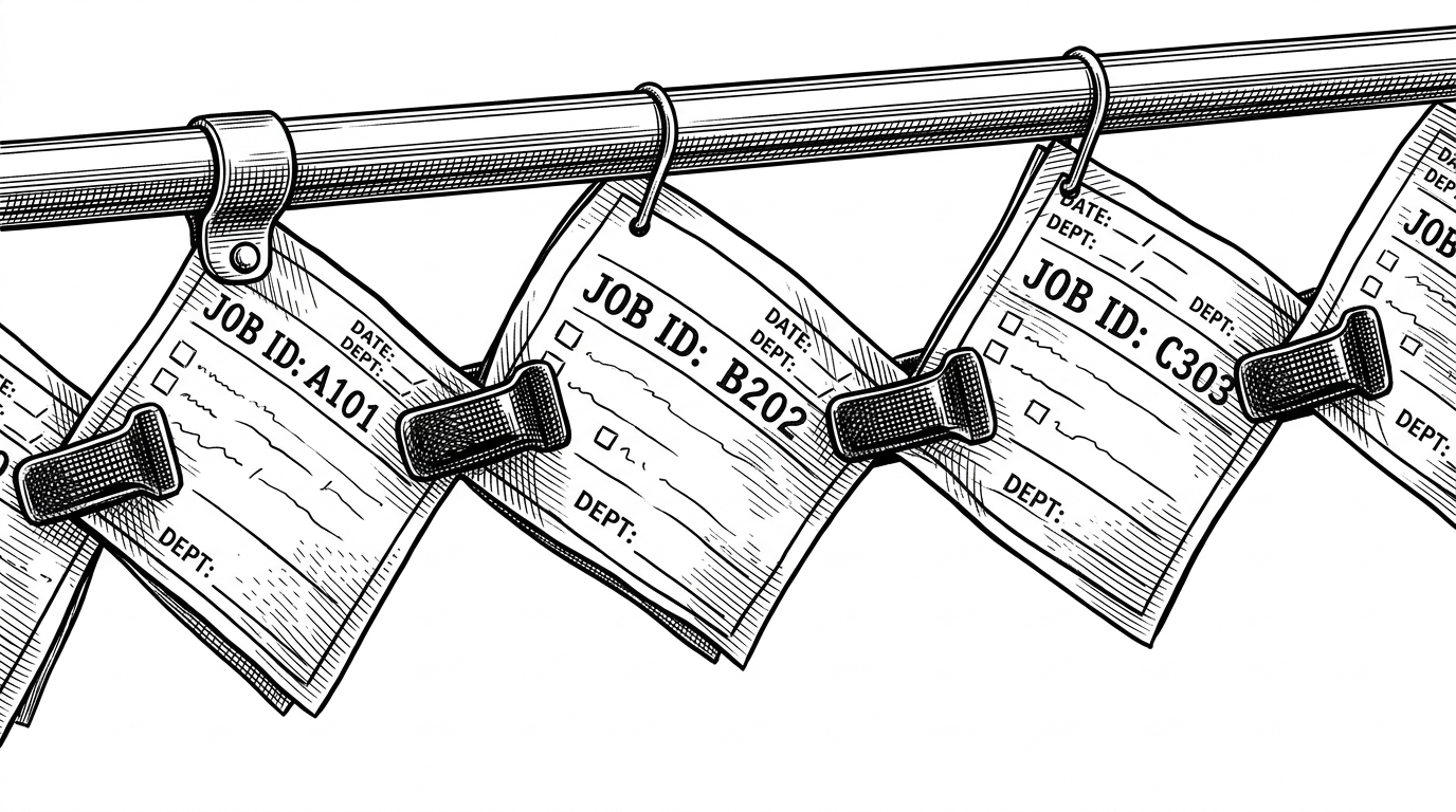 A rail holds a chain of job tickets, each stamped with a job ID and clipped to the next by visible dependency links. The image explains how NVFlow passes Slurm dependencies forward instead of relying on a central orchestrator heartbeat.