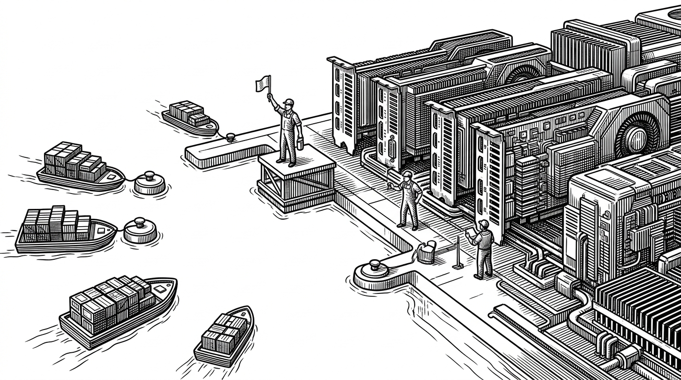 A wide mechanical harbor where GPU docks wait in readiness while small work packets approach on lines rather than rushing in by force. The scene explains the core idea of GPU-native serverless: workers pull work when they are ready, instead of having requests pushed into a saturated queue.