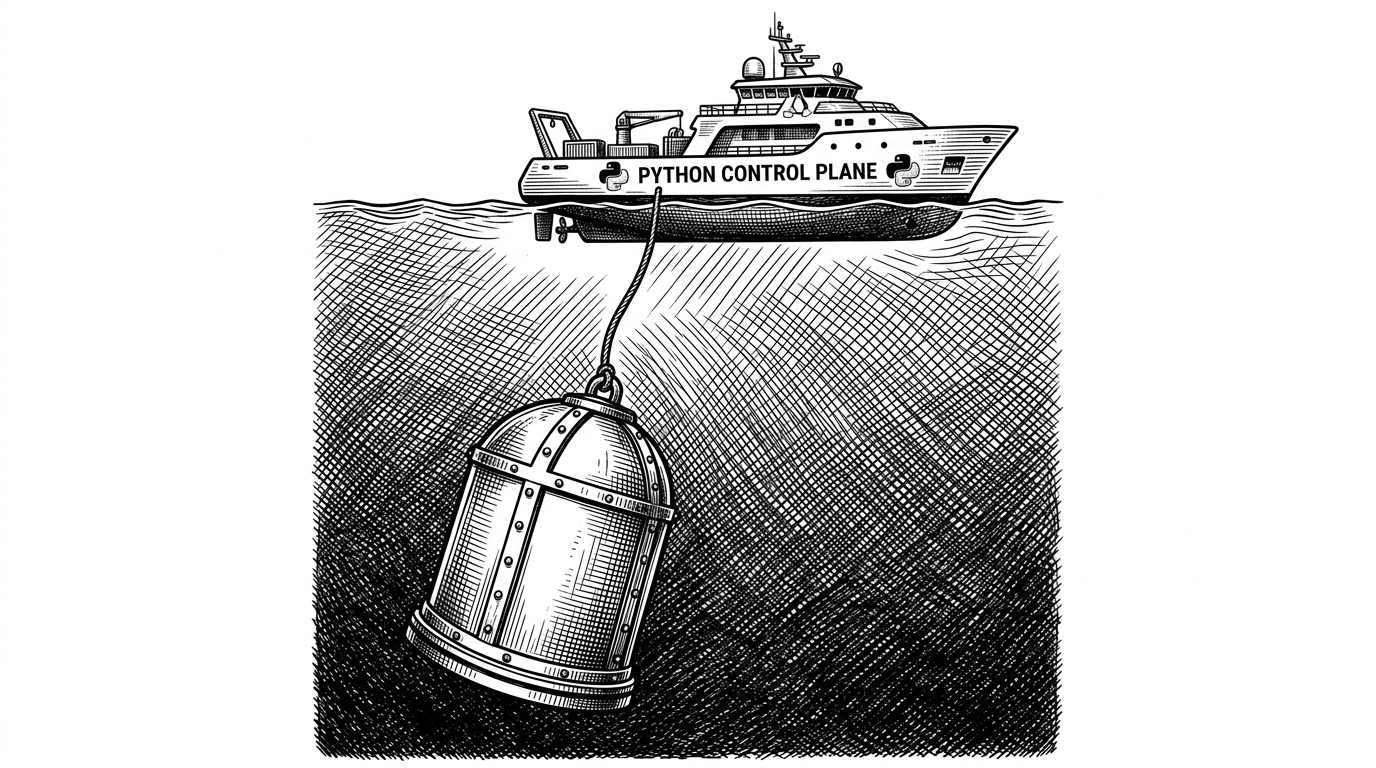 A vintage iron diving bell submerged in dark water, connected by a single taut cable to a modern research vessel on the surface. This visualizes the Kernel-to-Python Bridge via Netlink.