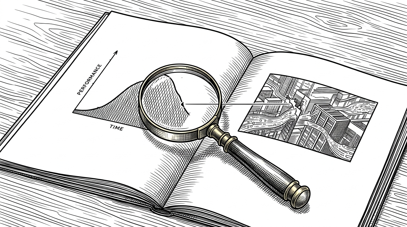 A close-up of an opened benchmark dossier on a desk, with one page showing a small line chart and the other showing a preview image from the simulation. The composition explains how Omniperf links quantitative performance data to visual evidence in the same review surface.