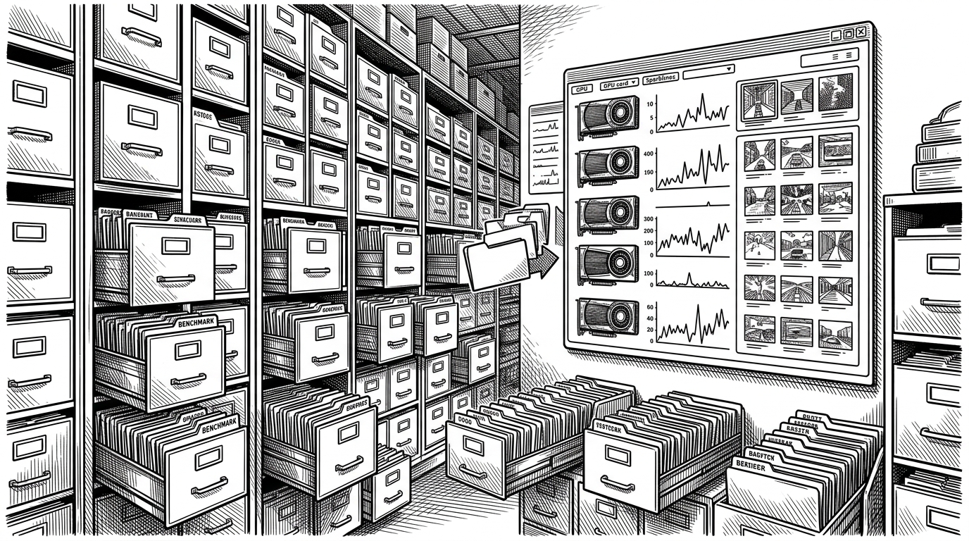 A warehouse of labeled benchmark folders feeds a wall-mounted dashboard with GPU cards, sparkline charts, and tiny preview thumbnails. The image frames Omniperf as an archive of performance history, not a live monitoring console.